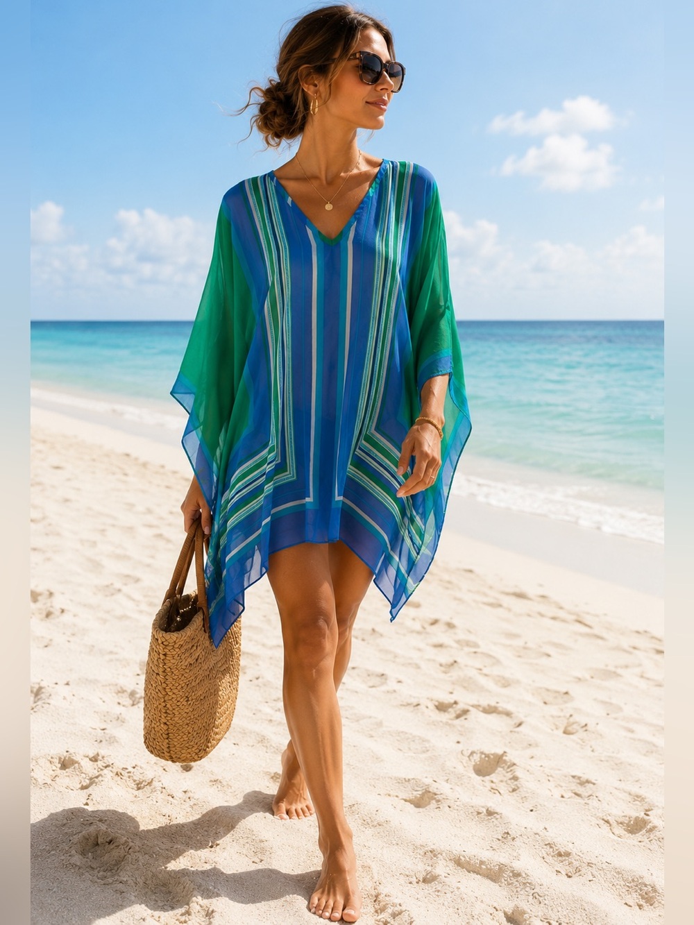 Talbots Sheer Striped Kaftan Poncho Beach Cover Up Blue Green L/XL